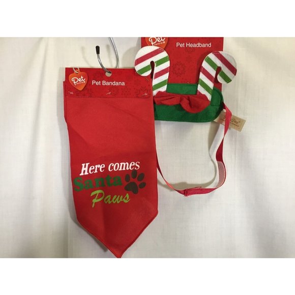 Christmas Dog Bandanna & Candy Cane Headband Santa - Picture 1 of 9